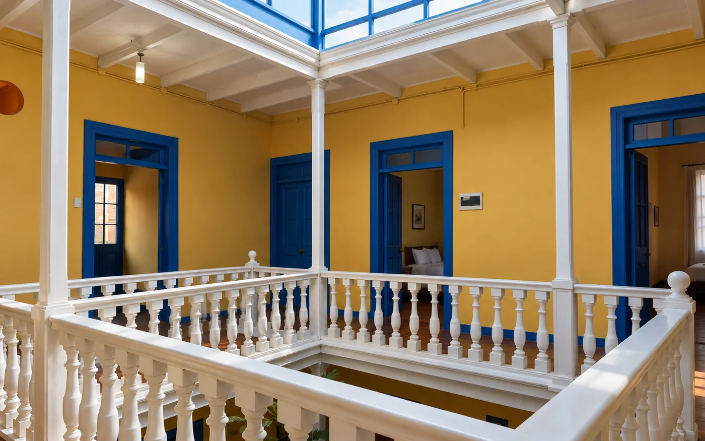 The upper corridor of the old house, with the white balustrade and the blue doors of the rooms