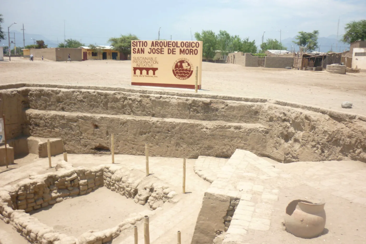 Excavation at the San José de Moro archaeological site, with adobe walls